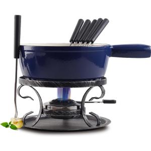 Artestia Cast Iron Fondue Pot Set for Cheese & Chocolate, Fondue Set for 6 with Burner & 6 Forks, Swiss Fondue Pot for Party, Family & Gift, Blue