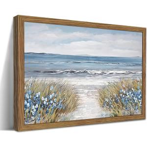 Wood Framed Coastal Beach Wall Art, Vintage Floral Ocean Landscape Canvas Wall Decor Paintings, Blue Boho Farmhouse Coastal Posters Prints Pictures for Living Room Bedroom Bathroom 16x24 Inch