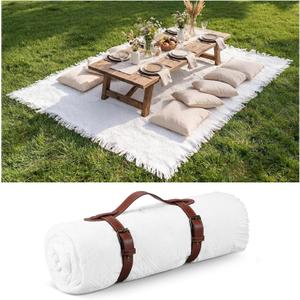 Frienda 70 x 120 Inch Extra Large White Outdoor Picnic Blanket Woven Cotton Yarn Blanket with Fringe and Leather Storage Strap Boho Decor for 8 to 12 Camping Lawn Wedding Photoshoot Beach Park Grass