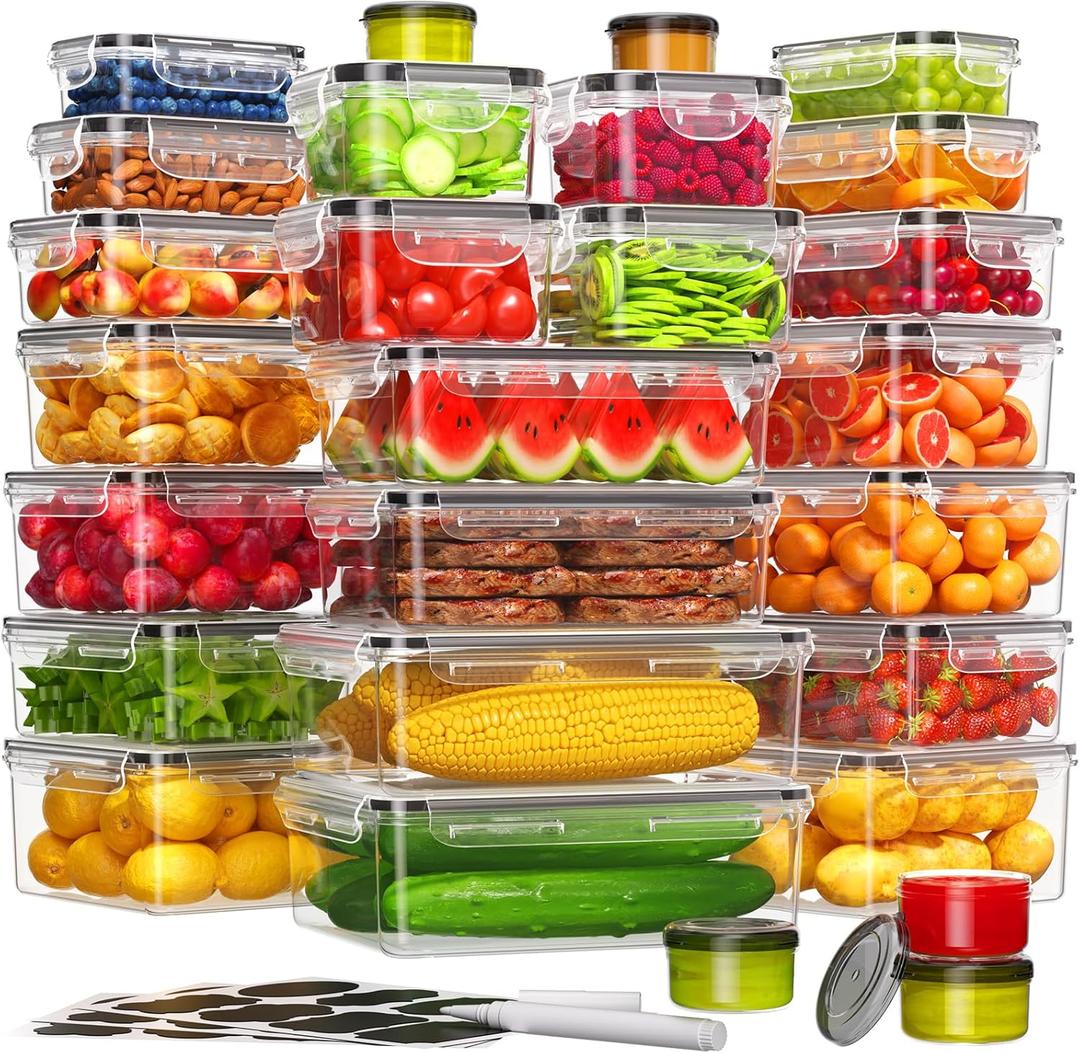 KEMETHY 54-Piece Food Storage Containers with Lids(27 Containers & 27 Lids), Plastic Food Containers for Pantry & Kitchen Storage and Organization, BPA-Free, Leak Proof, Reusable with Labels & Pen