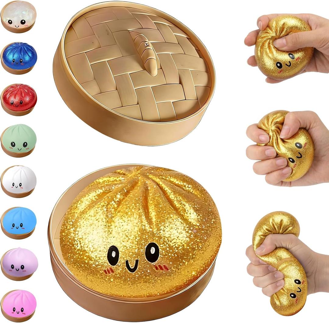 Glitter Dumpling Squishy,Dumpling Squishies,Glitter Dumpling Mystery Box,Colorful Dumpling Stress Balls Fidget,Jumbo Squishy Toy with Steamer Box,Soft Squeeze Decompression Dough (Glitter Gold)