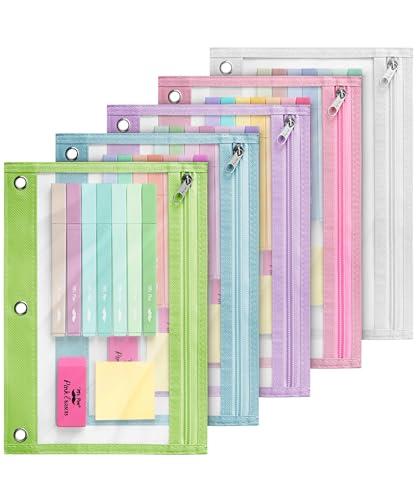 Mr. Pen- Pencil Pouch for 3 Ring Binder, 5 Pack, 10"x7", Smooth Zipper, Clear Window, Large Capacity Pencil Case with 3 Reinforced Grommets for School, Office, Supplies Storage