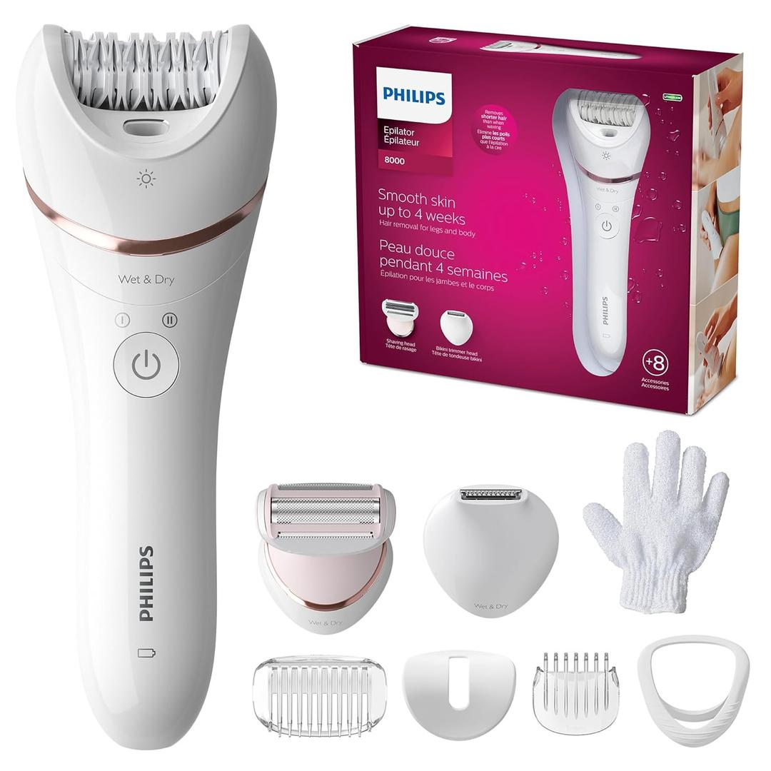 Philips Epilator Series 8000, Wet & Dry, 3-in-1 with Shaver & Trimmer Attachments for Women, 8 Accessories Included, BRE720/14 (White)