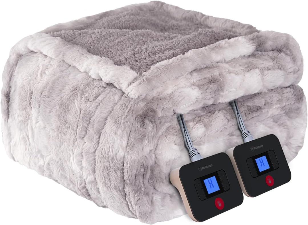 Westinghouse Electric Blanket Queen, Faux Fur Heated Blanket with 10 Heating Levels & 1-12 Hours Auto Off, Soft Cozy Sherpa Heated Blanket Washable Blanket (84" x 90" Queen Size, Light Grey)
