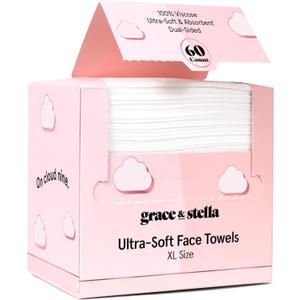 grace & stella Face Towels Disposable - Travel Essentials - Ultra-Soft & Absorbent Face Wipes Towelettes - XL Facial Towels for Cleansing & Makeup Removal - Lint-Free Facial Tissue - Vegan (60 Count)