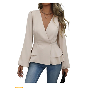 Blouses for Women Trendy Solid Color V Neck Elegant Long Sleeve Blouse Fashion Tops Tee, 2 XL