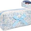 SXS LACONIC Quilted Makeup Bag,Travel Coquette Cosmetic Brush Pouch,Cute Bow Floral Make up Organizer Handbag,Large Capacity Toiletry Bag