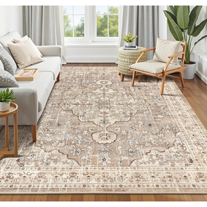 Pauwer Boho Washable Area Rug 8x10 Large Soft Living Room Bedroom Floor Carpet Mat Indoor Farmhouse Vintage Non Slip Accent Throw Rugs for Entryway Kitchen Dorm Dining Room, Beige Brown
