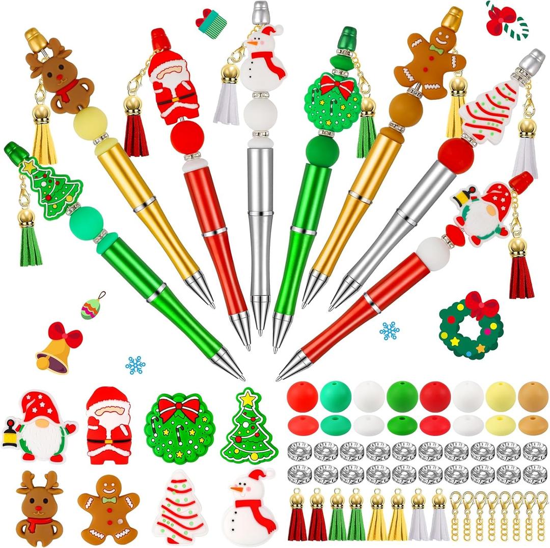 CZWZ 8 Pcs Christmas Beadable Pens, Plastic Beadable Pens with Multicolor Silicone Beads, Christmas Snowman Pine Tree Floral Hoop Deer Pens for Christmas Office School Supplies