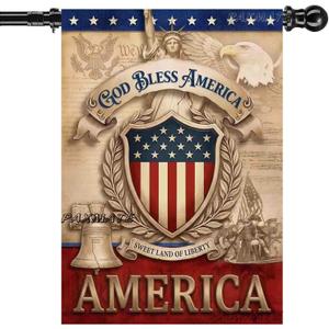 Patriotic House Flag 28x40 Inch Double Sided, God Bless America Burlap Outdoor Yard Flag with American Shield Eagle Liberty Bell, USA 4th of July Independence Day Outside Decor