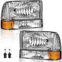 WEELMOTO Headlights Assembly W/Bulbs for 99-04 Ford Super Duty F250 F350 F450 F550, for 00-04 Ford Excursion Headlight with Bumper Signal Corner Light (NOT FOR SEALED BEAM MODELS) (Clear Lens I Chrome Housing I Amber Reflector)