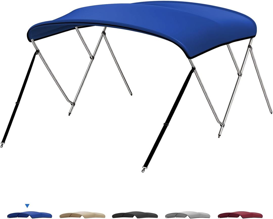 KEMIMOTO Bimini Top for Boat, Bimini Tops Cover 600D Marine Grade Canvas Boat Canopy with 6ft Length 54 in - 96 in Width 46 in Height, Includes Mounting Hardware, Straps Rear Support Poles (3 Bow 6'L x 43"H x 61"-66"W, Blue)