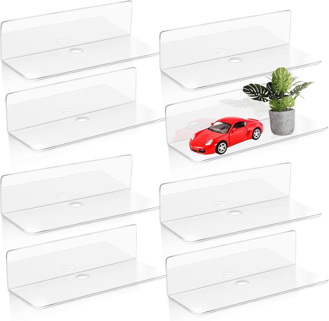 Maitys 8 Pcs Acrylic Floating Shelves 9 Inches Adhesive Wall Mounted Shelves No Drill Hanging Acrylic Wall Display for Living Room Bathroom Bedroom Kitchen Office(Clear)