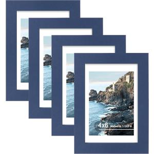Hongkee 4x6 Picture Frame (4 Pack, Blue), Made of Real Glass and Wooden Frame - Display Pictures 3.5x5 with Mat or 4x6 Without Mat, 4 by 6 Photo Frames TableTop Display and Wall Mounting