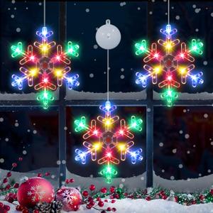 [Timer] Christmas Window Decorations, 3 PCS Snowflake Christmas Window Lights with Suction Cup, Battery Operated Snowflake Lights Xmas Decorations Indoor Outdoor Fireplace Home Party Decor-Multicolor