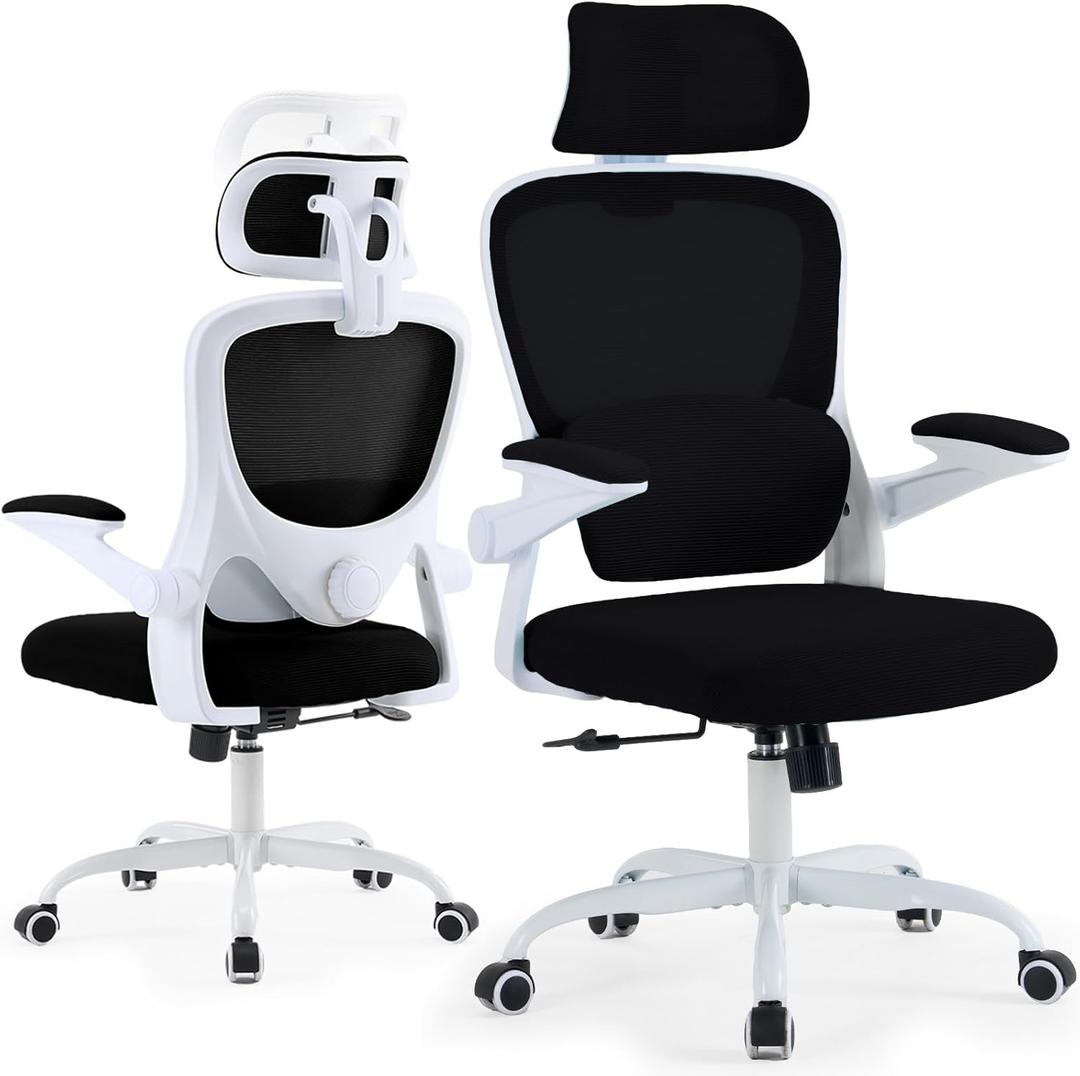 Ergonomic Office Chair with Tilt-Lock, Home Office Desk Chair with Auto Lumbar Support, High Back Mesh Desk Chair with Adjustable Headrest, Swivel Task Chair or Study Bedroom,Black and White