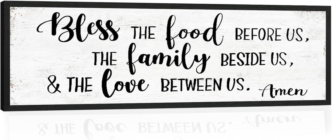 Bless the Food Before Us Wall Decor: Farmhouse Rustic Kitchen Signs Wall Decor Framed Hanging Wall Plaques 12" x 40",Inspirational Quotes The Family Beside Us Signs
