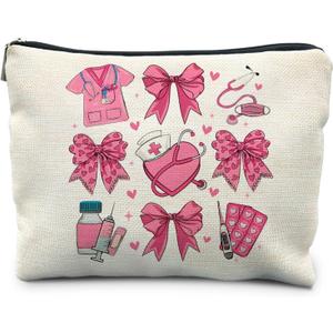 Coquette Pink Bow Nurse Makeup Bag, Nurse Gifts for Women Cosmetic Bags, Nurse Week Gifts Makeup Pouch, Nurse Appreciation Gifts Zipper Pouch