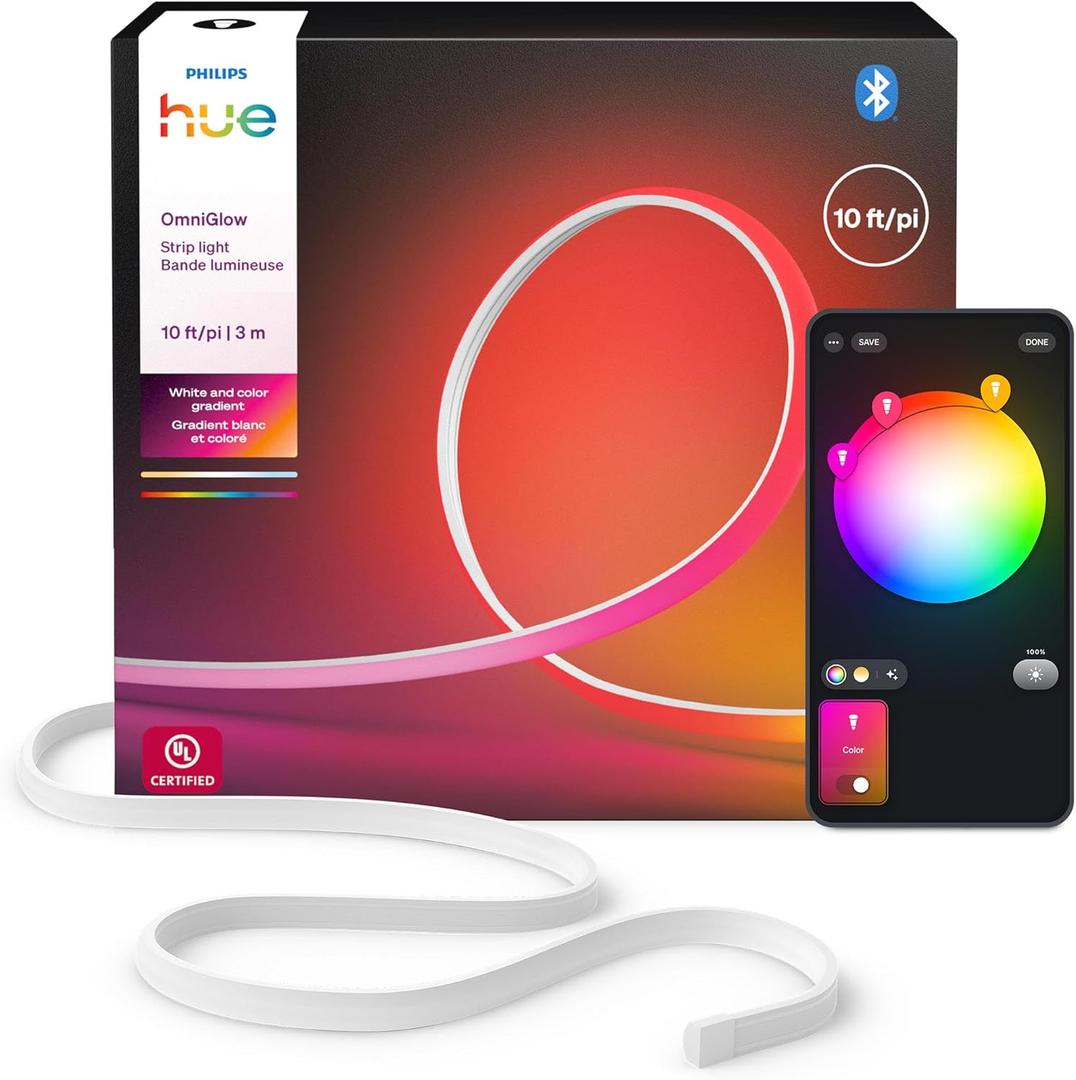 Philips Hue OmniGlow 9.8-Foot Micro LED Strip Light, 2700 lm, Vibrant Color and Ambiance, Flexible Indoor Lighting, Uniform Light, Cuttable, App and Voice Control (3 meter)