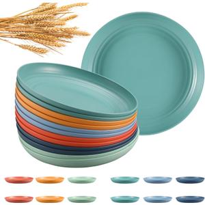 HEYCOME 12 Pcs Unbreakable Deep Dinner Plates Set, 10 inch Reusable Plastic Wheat Straw Plates, Microwave and Dishwasher Safe Plate for Kitchen, Lightweight Plate for Dessert, BPA Free, 6 Colors (6-Dark Multicolor)