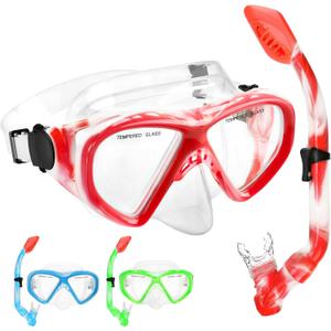 Kids Snorkel Set Dry Top Snorkeling Gear for Kids Youth Boys Girls Junior Age 5-15, Tempered Glass Swimming Diving Mask and Snorkel Set 180 Degree Panoramic View