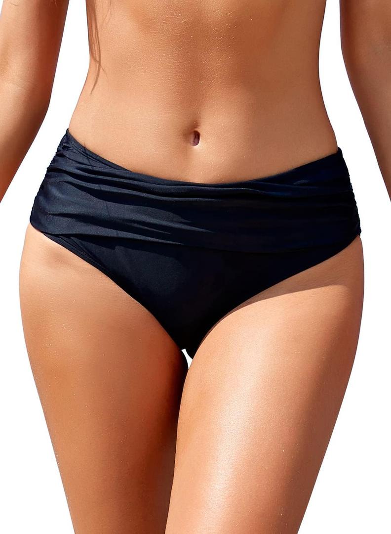 SHEKINI Women's Bikini Bottoms Ruched Black Swimsuit Tummy Control Swim Bottoms (Large)