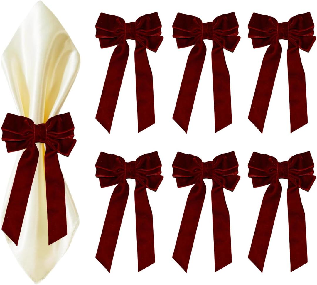 Bow Napkin Rings Set of 6 Luxury Soft Burgundy Velvet Napkin Holders, Elegant Bow Design for Christmas Holiday Dinner Wedding Party Table Decor