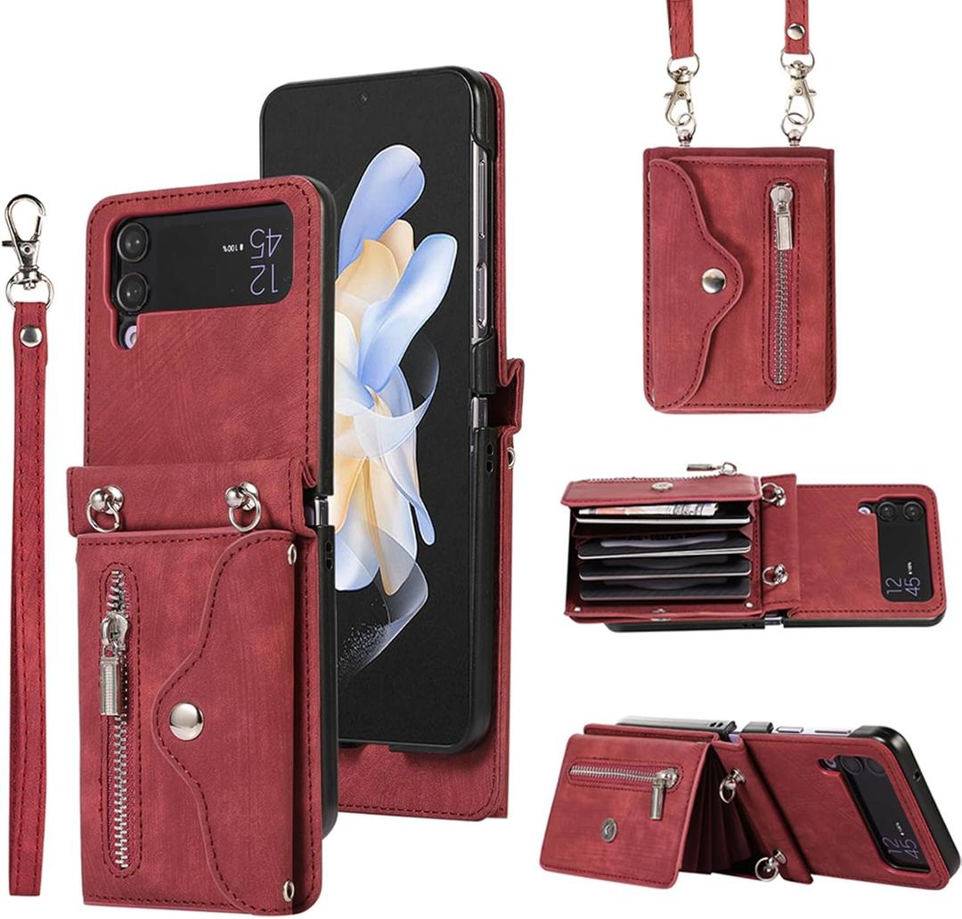 Asuwish Phone Case for Samsung Galaxy Z Flip 4 5G 2022 Wallet Cover with Wrist Crossbody Strap Lanyard Credit Card Holder Stand Shoulder Slot Leather Cell Accessories ZFlip4 Z4 Flip4 4Z Women Men Red