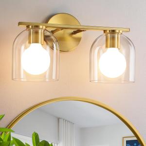 WOSHITU Bathroom Vanity Light Fixtures: 14.2 Inch Modern Gold Bathroom Light Fixtures Over Mirror with Clear Glass Shade, Brushed Gold 2 Light Wall Mount Sconces Above Mirror, Brushed Gold, 2-light