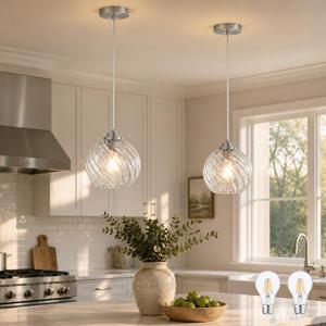 KoKo&Yukina 8" Nickel Globe Pendant Light 2 Pack Ribbed Glass Pendant Lights Kitchen Island Height Adjustable Mid-Century Modern Island Pendant Lights for Dining Room Hallway Entryway (Bulbs Included)