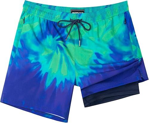 SURF CUZ Mens Swim Trunks with Compression Liner Swimming Trunks 5 Inch Bathing Suit Quick Dry Swim Shorts Size M