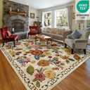 8x10 Machine Washable Area Rug for Living Room, Beige Vintage Boho Floral Rug Large Non-Slip Low Pile Soft Faux Wool Carpet, Kids and Pets Friendly for Bedroom Dining Room Farmhouse Home Decor Rug