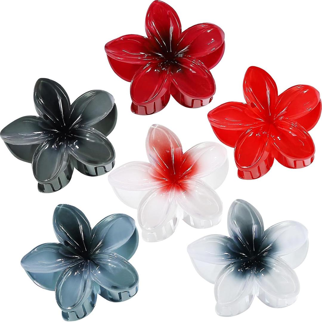 Flower Hair Clips 6 PCS Hawaiian Claw Clips for Vacation Hibiscus Hair Claw Clips Cute Large Hair Clips for Thick and Thin Hair Plumeria Hair Accessories for Women Girls -Dark Color