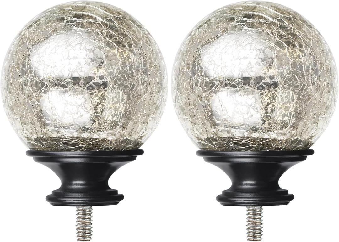 KAMANINA Crackle Glass Replacement Finials for 1 Inch Curtain rods, M6 Standard Screw Curtain Rod Finials, Set of 2, Black 