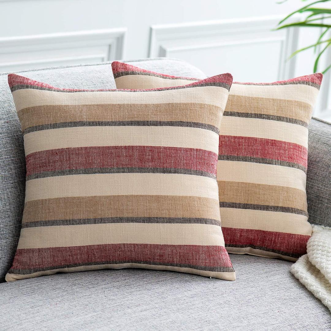 2 Pieces Decorative Stripe Throw Pillow Covers Classic Retro Hidden Zipper Soft Linen Modern Farmhouse Cushion Case for Sofa Bedroom Car 16 x 16 Inch Red Brown Mixed