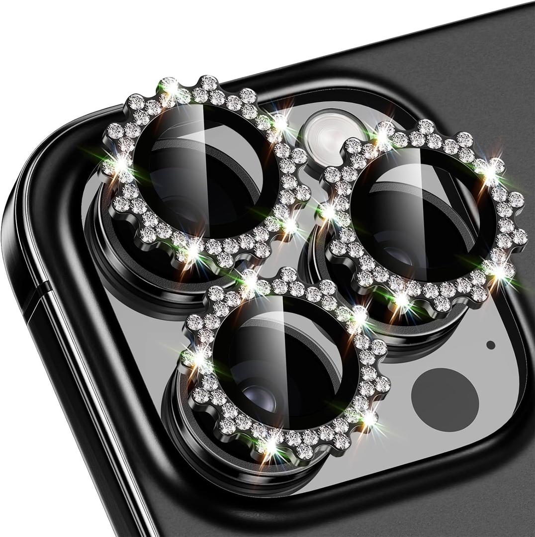 Xfilm for iPhone 16 Pro/16 Pro Max Camera Lens Protector Bling Individual Gear Design Diamond Ring 9H Hardness Scratchproof Protector, Stylish Phone Accessories, Case Friendly (Black)
