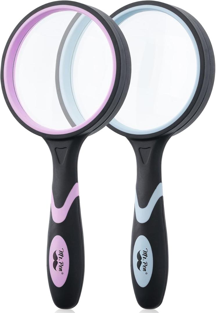 Mr. Pen- Magnifying Glass, 2 Pack, 10X Magnifier, 75mm Glass Lens, Magnifier for Reading for Close Work, Non-Slip Handheld Reading Magnifier for Kids and Seniors, Nature Exploration