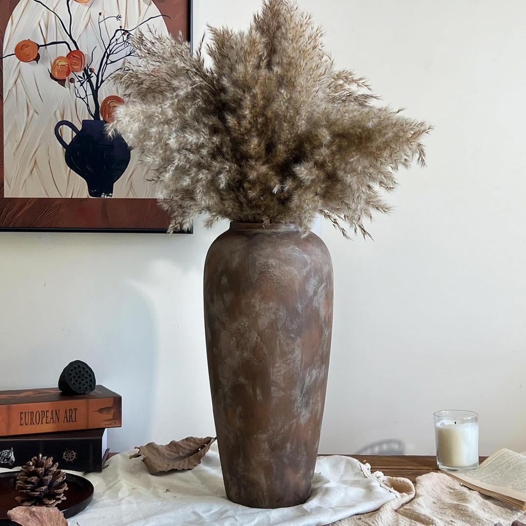 15 Inch Ceramic Rustic Farmhouse Vase, Handmade Pottery Flower Vases for Home Decor, Brown Ceramic Vase for Living Room, Table Centerpieces & Shelf Decor, Wedding Gifts (Large)