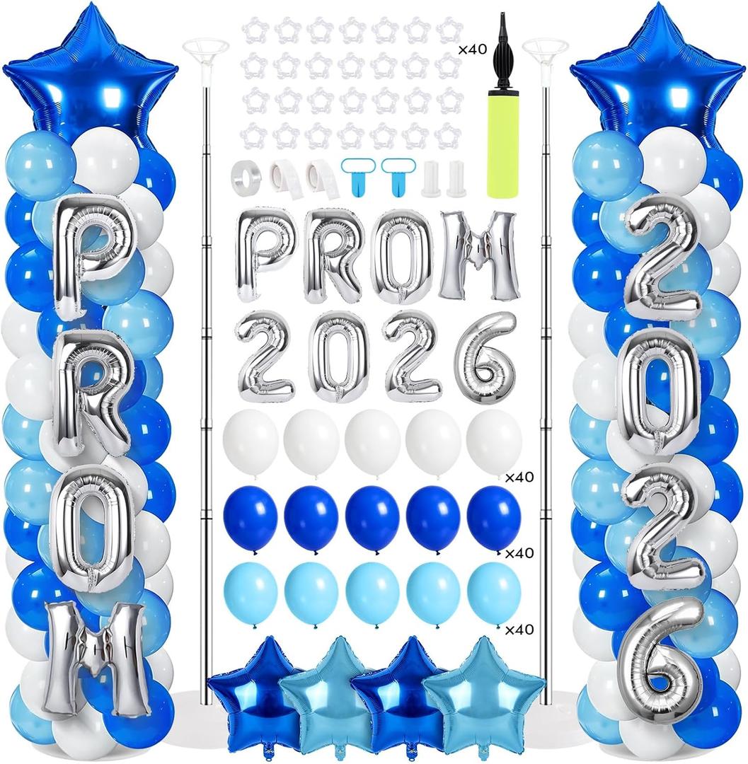 2 Sets Graduation Balloon Column Stand Kit with Balloons Prom Send off 2026 Grad Prom Themed Decor Sky Blue White Blue Balloon Tower Stand for Floor Grad School & College Celebration Party Supplies, 11 inches