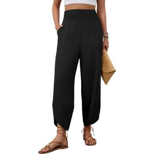 Womens Linen Pants Wide Leg Palazzo Capri Barrel Harem Pants Casual | High Waisted, with Pockets, Lounge, Cropped (Black, M)