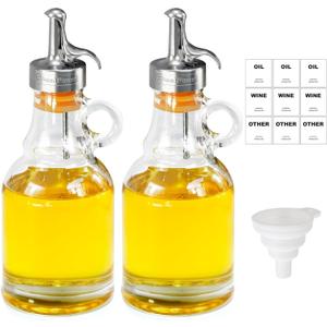 Olive Oil Dispenser Bottle,Glass Oil Dispenser with Stainless Steel Spouts,Oil Bottles for Kitchen, Oil Dispenser Bottle with Drip Free Spouts (2pcs) 12 oz (B3500-P3622, Transparent)