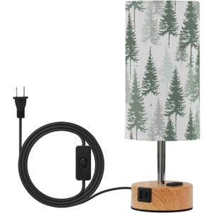 Dimmable Green Pine Forest Pine Trees Table Lamp with 2 USB C Charging Ports & AC Outlet, Touch Lamps for Nightstand Bedside Small Lamp Night Stand Side Light for Bedroom/Desk, 14 in