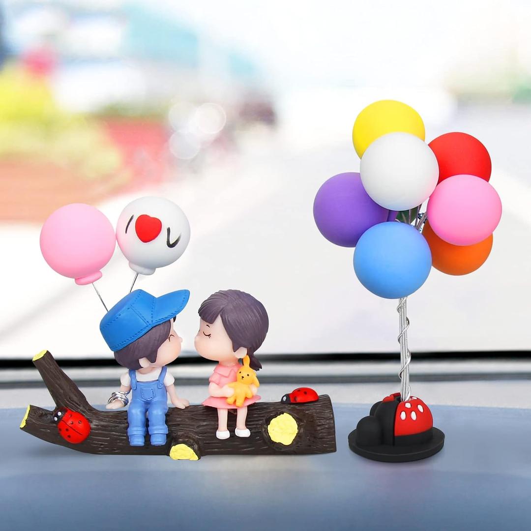 mCare Cute Couple Car Ornaments: Dashboard Decor with Girl, Boy, Balloon, and Tree Branches