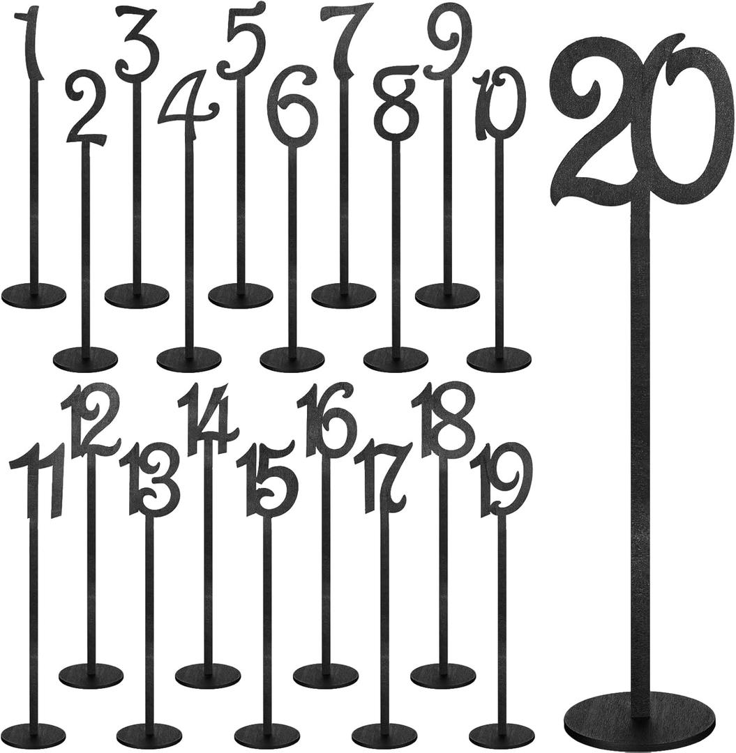 Yulejo 20 Pcs Table Numbers - Wooden Wedding Table Numbers with Holder Base, 1-20 (Black)