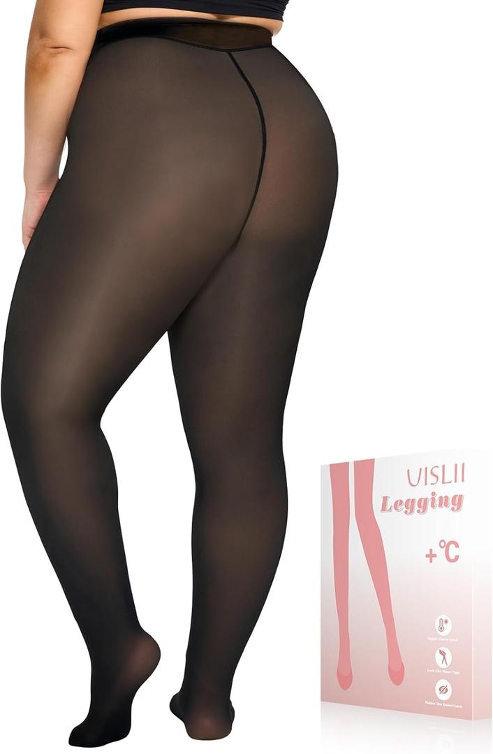 UISLII Plus Size Fleece Lined Tights Women,Warm Pantyhose Leggings Women,Fake Translucent Thermal Skin Colored Tights Winter. (X-Large-XX-Large Plus)