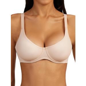 Unlined Bras for Women Balconette Bra Underwire No Padding Smooth Scoop Neck (Pink)