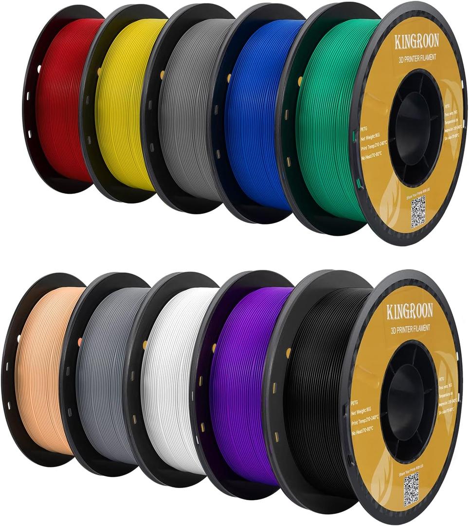 Kingroon PETG 3D Printer Filament, 10 Rolls, Dimensional Accuracy +/- 0.03 mm, 10kg Spool(22lbs), 1.75 mmBlack White Grey Red Blue Green Purple Skin Silver Yellow (10*1kg(black&white&grey&red& Blue &Green&purple& Skin &Silver &Yellow)