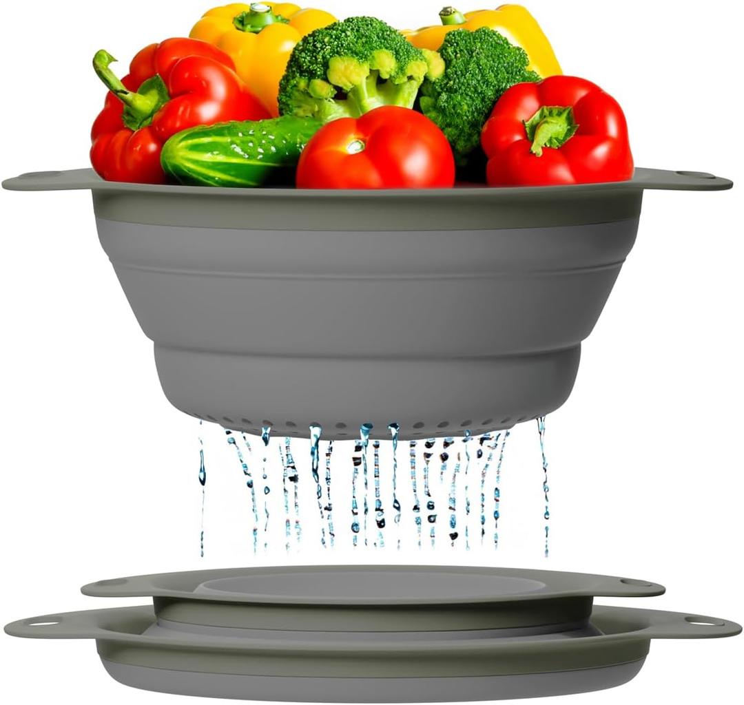 Ultimate Kitchen Strainers Set of 2 - Collapsible Silicone Colanders For Easy Storage by Comfify - Use with Pasta & Veggies or as a Fruit or Berry Bowl with Strainer - Irreplaceable for Campers - Gray