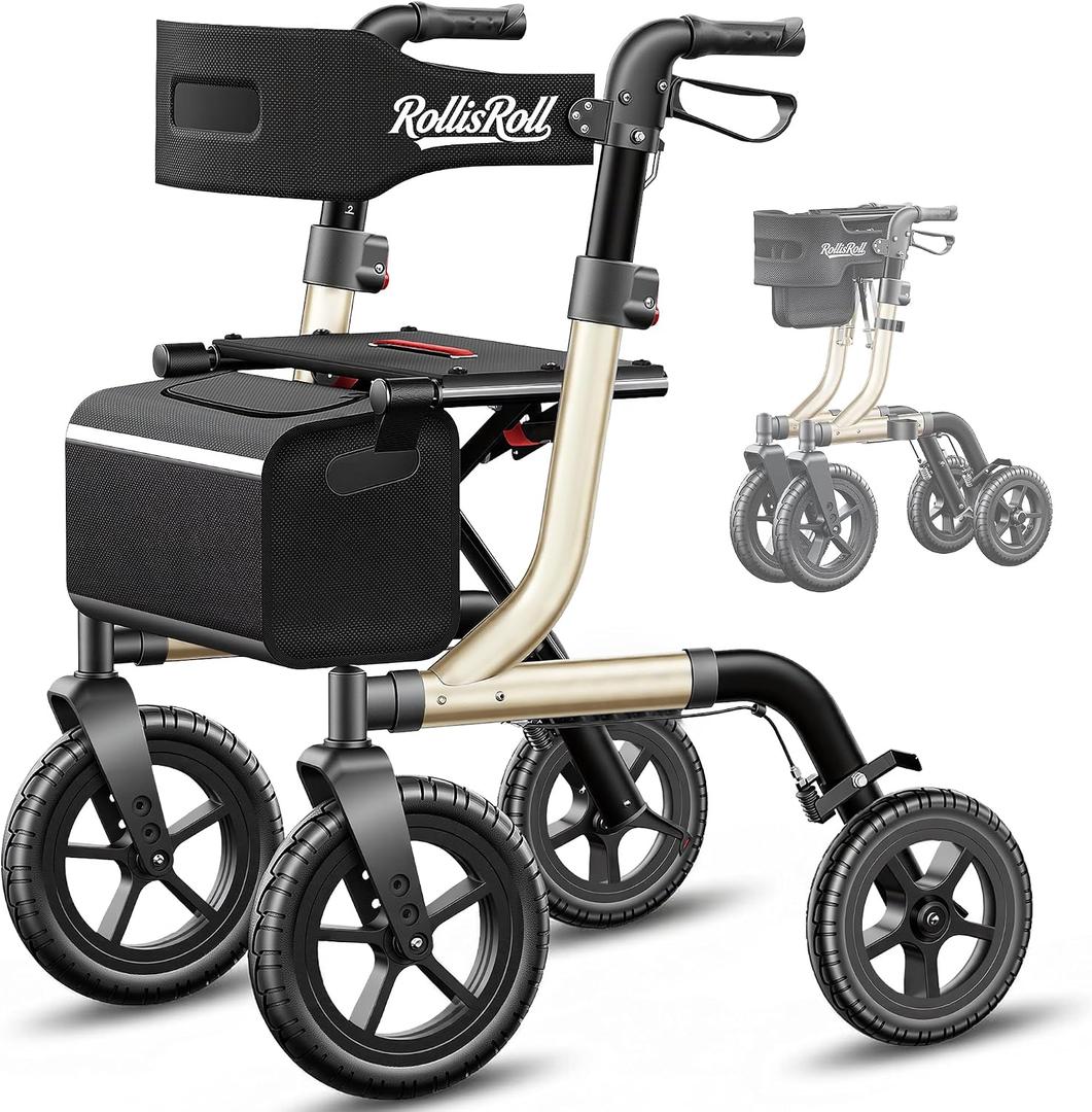 Walkers for Seniors, Rollator Walker with Seat, 12" Big Rubber Wheels All Terrain Rolling Walker, Foldable Rollator Walker, Built-in Cable, Reinforced Aluminum Frame, Golden