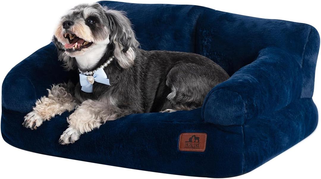 Hollypet Fluffy Plush Pet Cat Couch Sofa Soft Calming Pet Dog Sofa Beds for Medium Small Cats and Dogs, Cobalt Blue (24"L x 18"W x 10"Th)